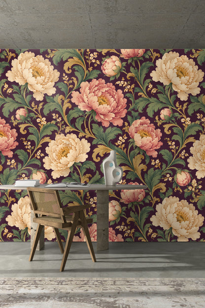 Plum Peony Opus wallpaper shown in an interior setting