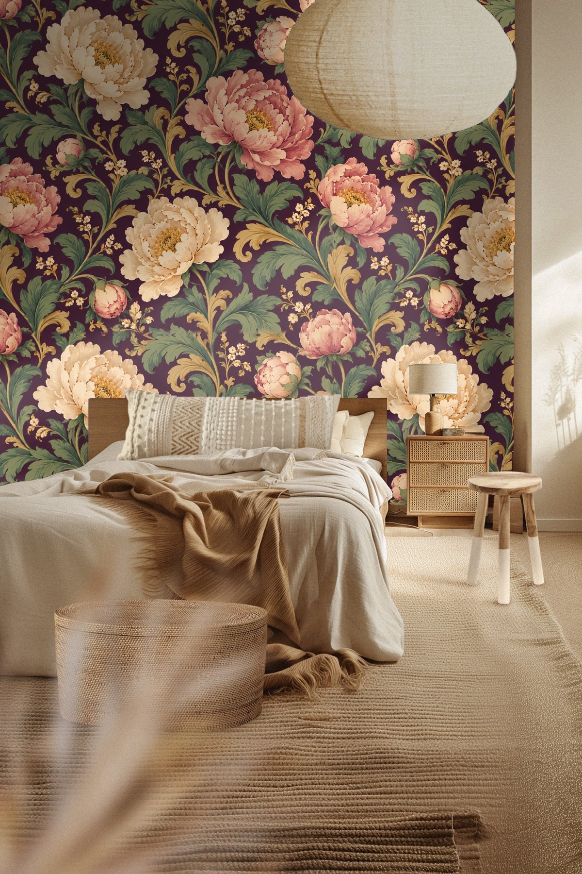 Plum Peony Opus wallpaper shown in an interior setting