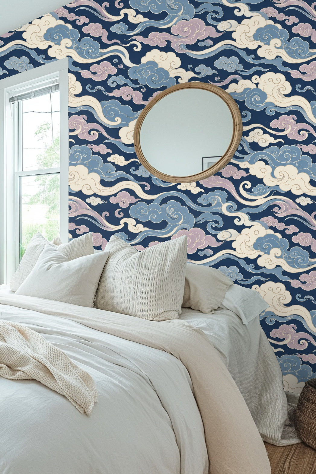 Side view of hanging rattan chair against the intricate cloud wallpaper pattern.