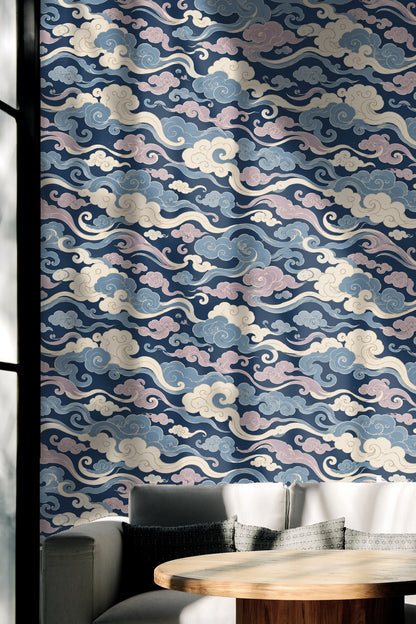 Calm and dynamic undulating cloud ribbons in painted style.
