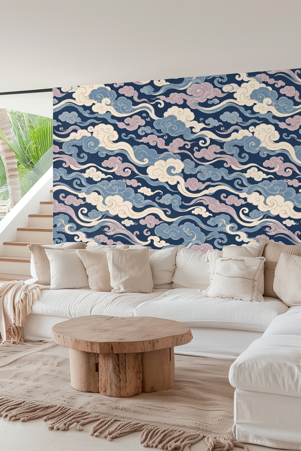 Bedroom wall adorned with flowing cloud design in blue, lavender, and cream tones.