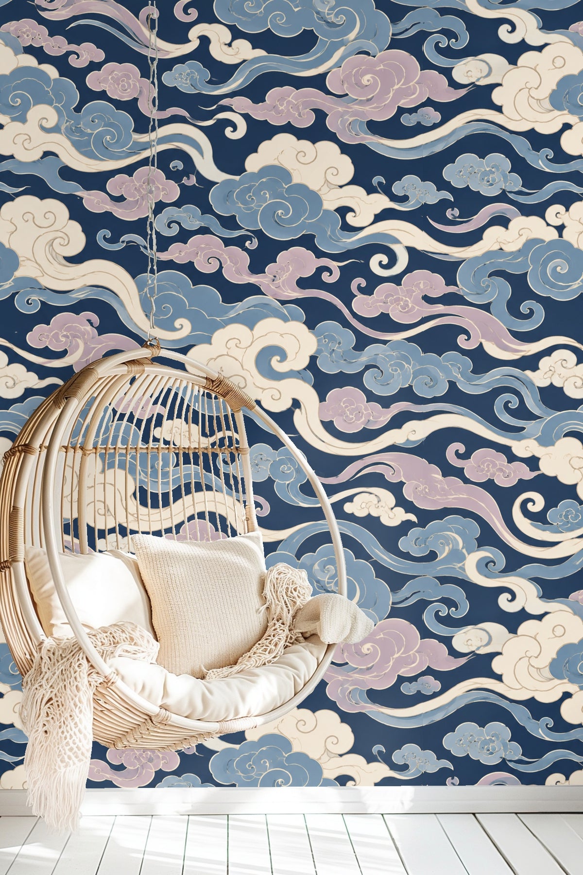 Wallpaper pattern showing swirling indigo and lavender clouds on a navy background.