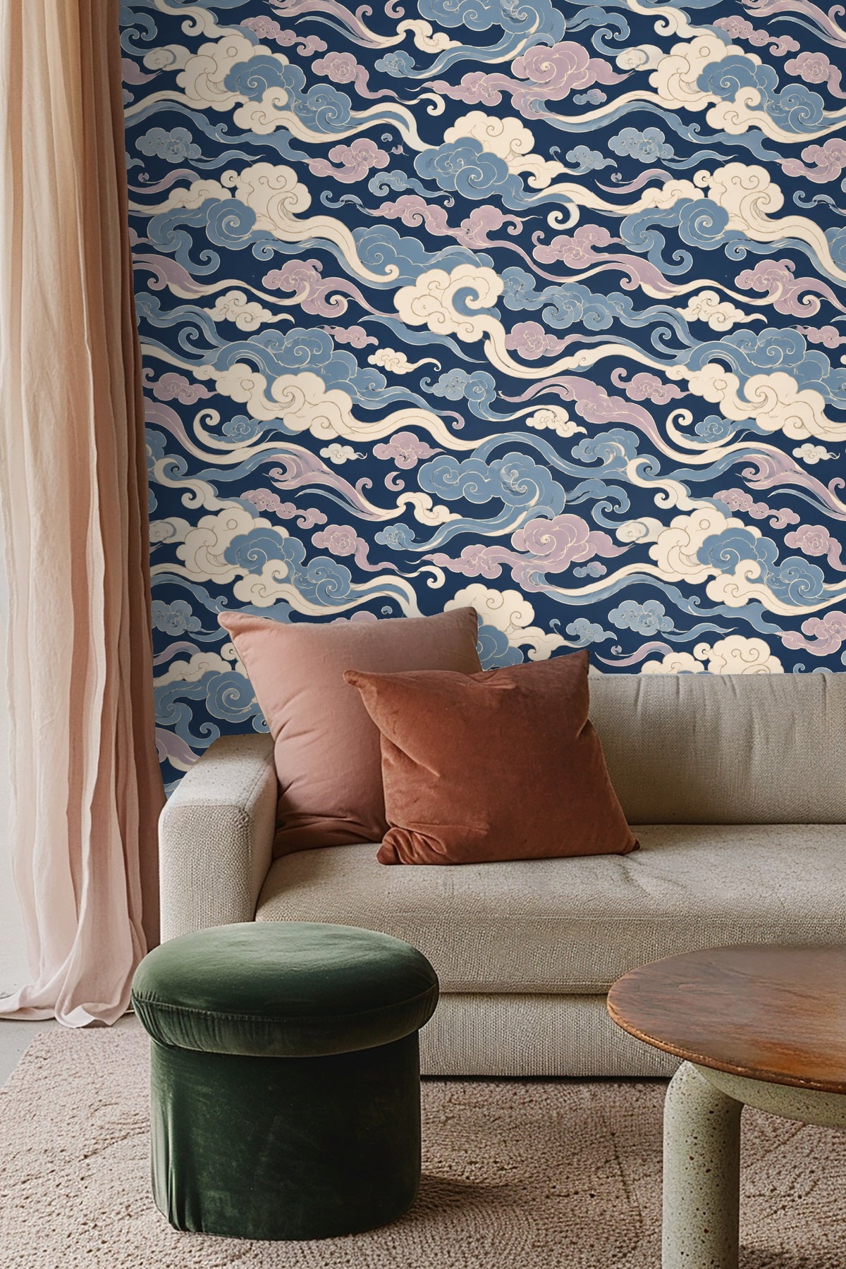 Close-up detail of swirling painted clouds motif in blue and lavender on deep navy ground.