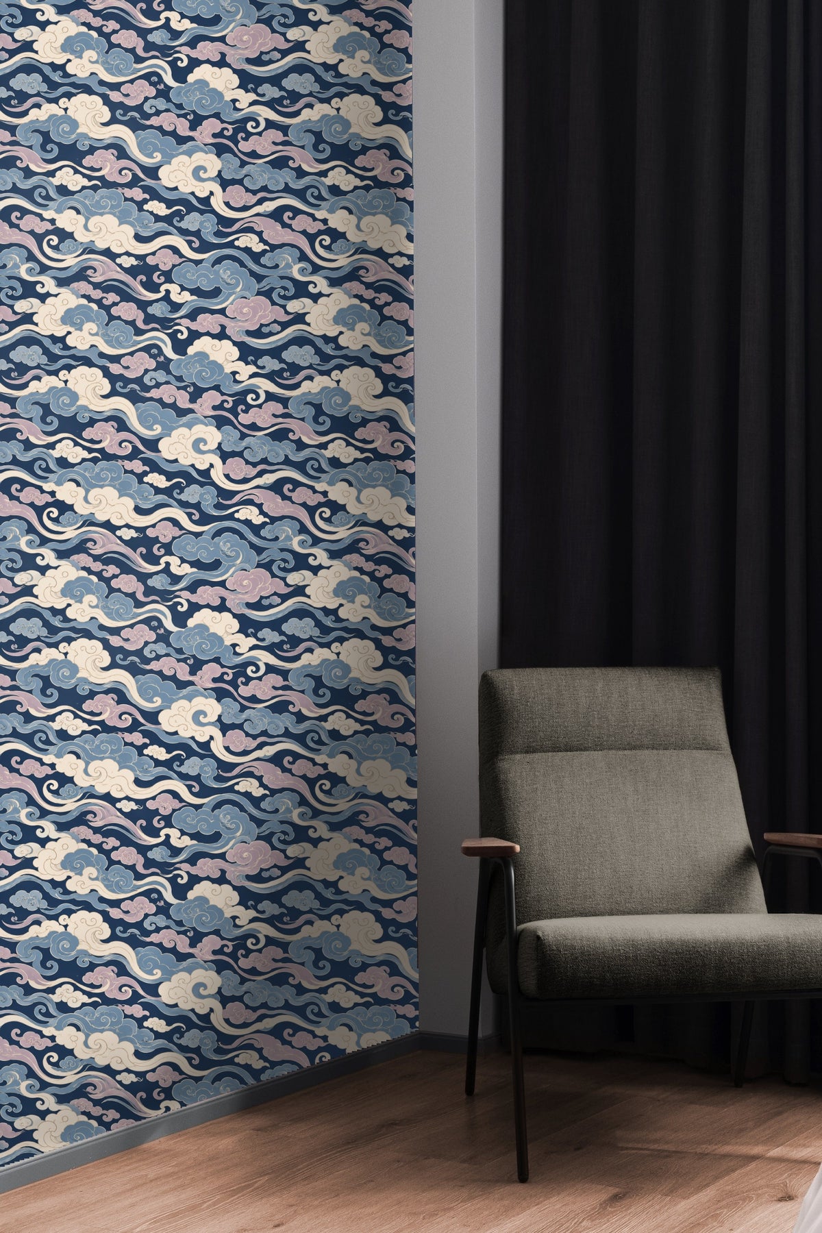 Large-scale wallpaper motif inspired by baroque cloud scrolls.