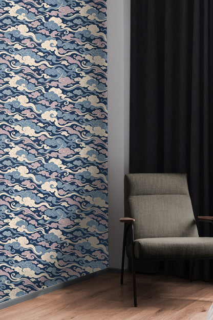 Large-scale wallpaper motif inspired by baroque cloud scrolls.