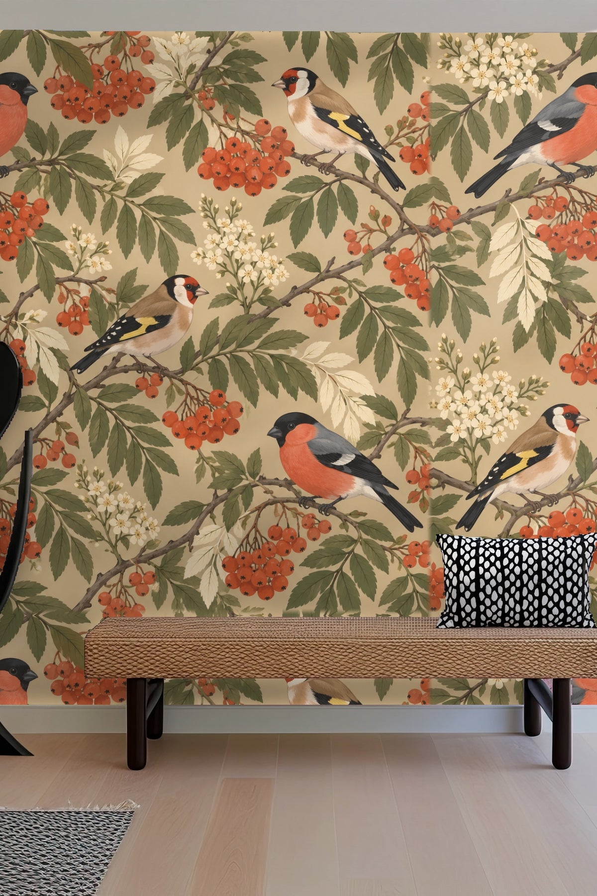 Wallpaper showing repeating pattern of mixed bullfinches and goldfinches on branches