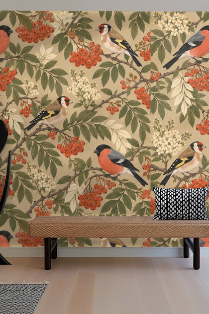 Wallpaper showing repeating pattern of mixed bullfinches and goldfinches on branches