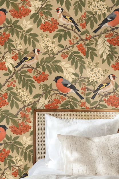 Wallpaper artwork showing bullfinch and goldfinch birds on rowan branches with coral berries and white blossoms