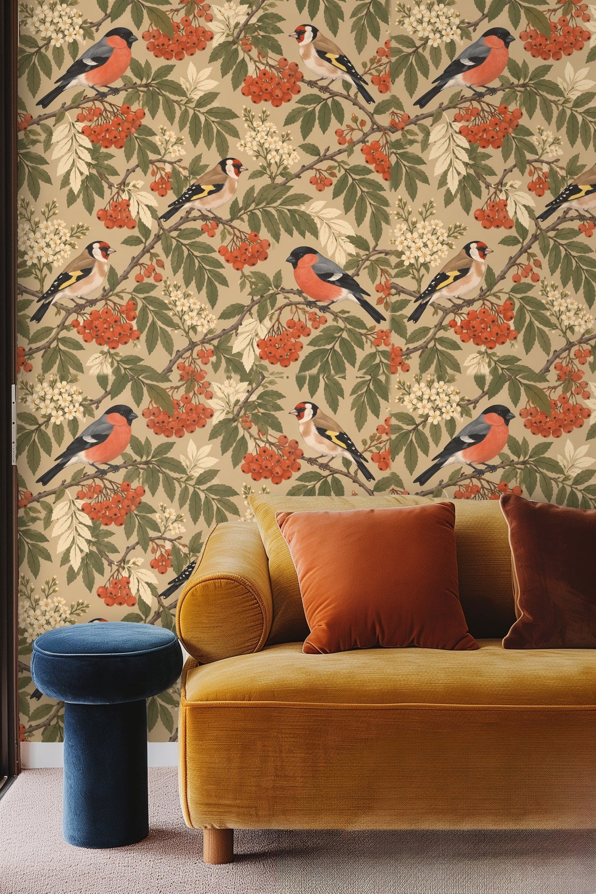 Bedroom wall with Rowan Birds Wallpaper behind a rattan headboard and white pillows