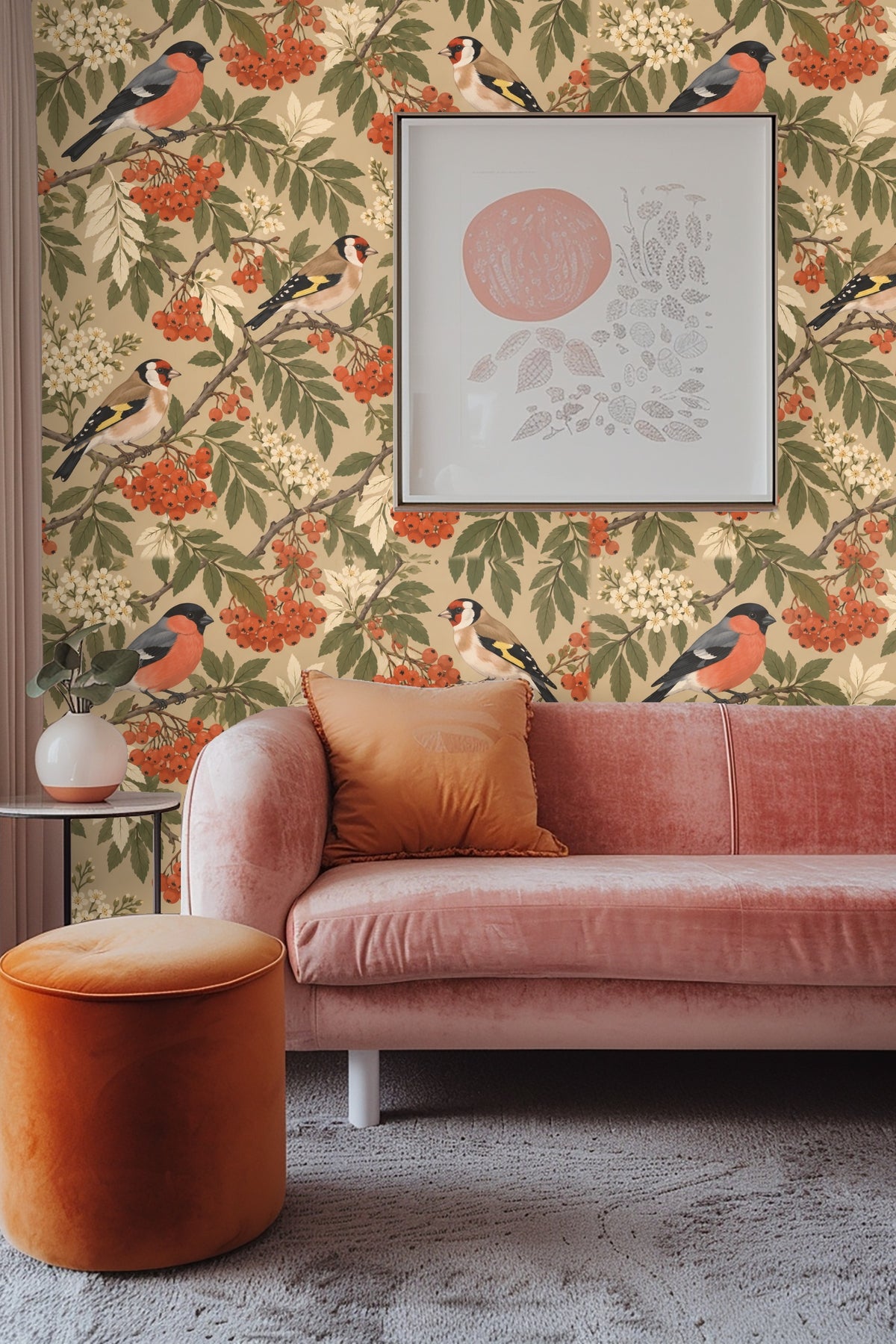 Muted beige background underlying intricate botanical and bird motif
