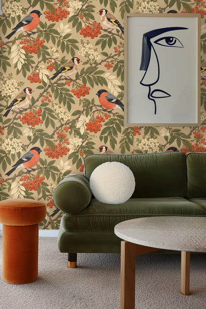 Scene showing scale of wallpaper pattern relative to chair and sofa