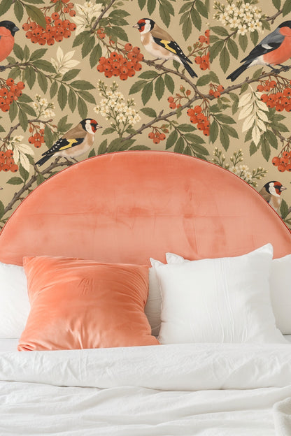 Partial view of wallpaper pattern featuring bird pairs facing each other