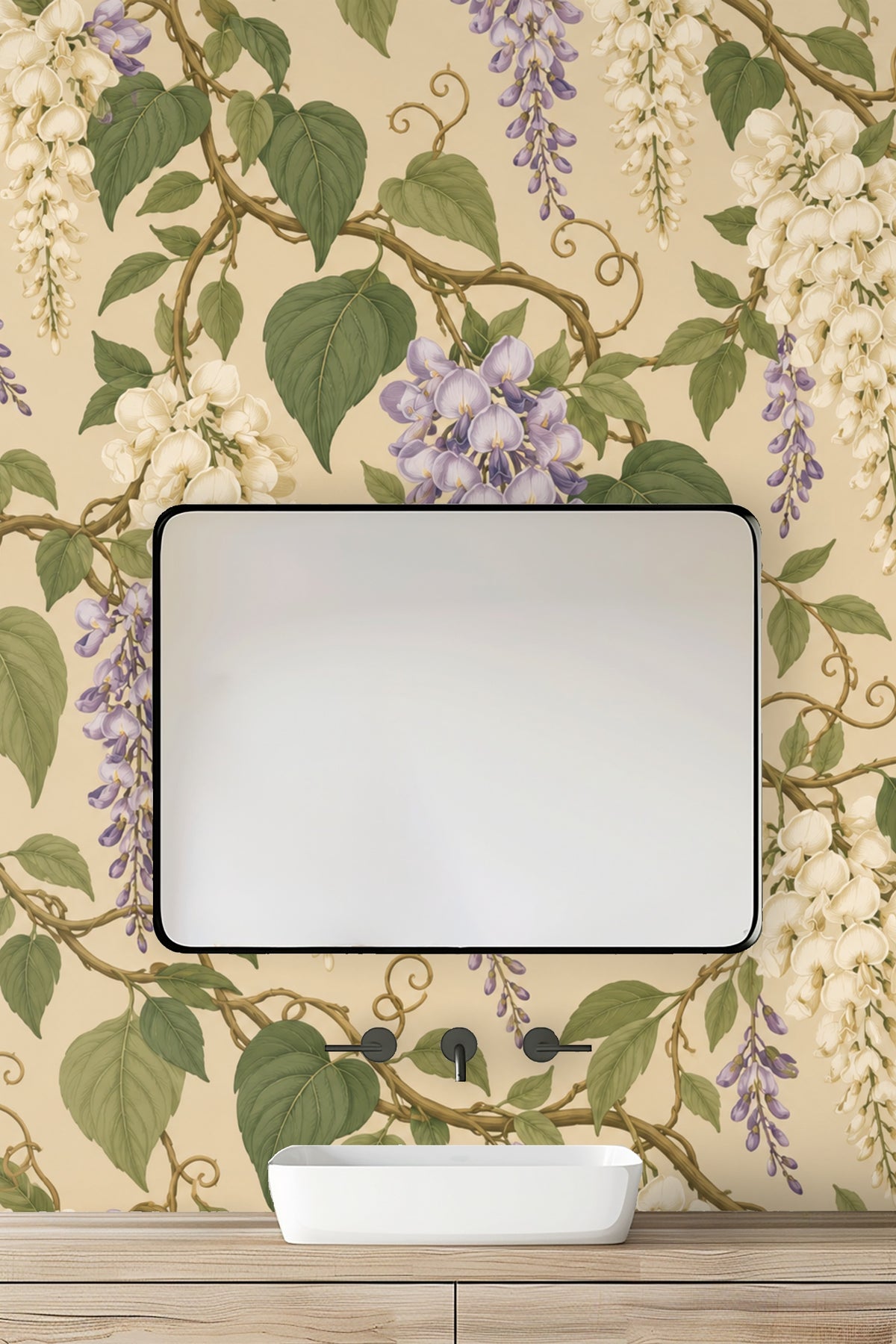 Muted green leaves and wisteria blooms pattern detail on wallpaper.