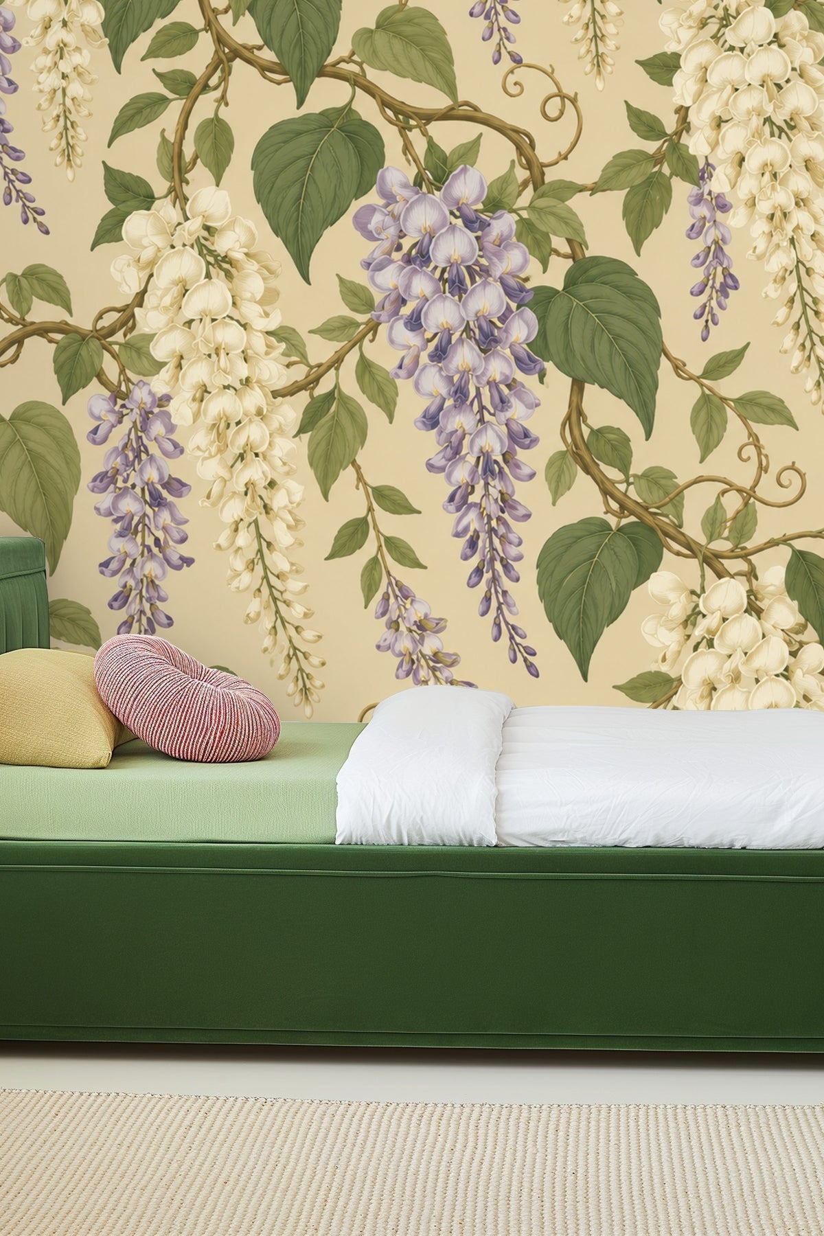 Naturalistic wisteria floral repeats forming a lush, elegant wallpaper.