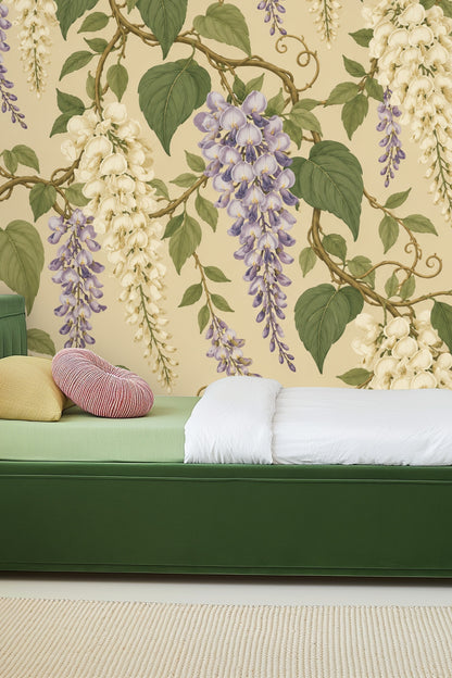 Naturalistic wisteria floral repeats forming a lush, elegant wallpaper.