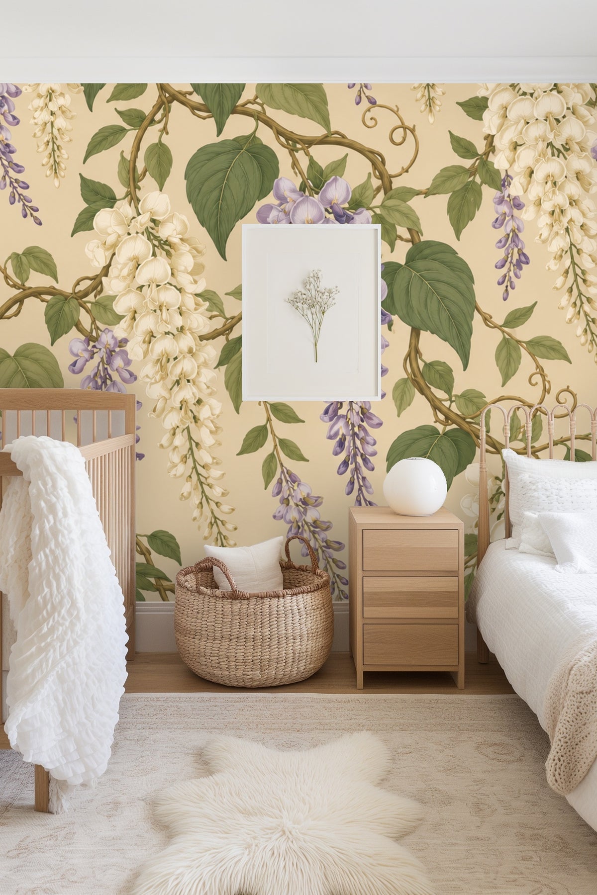 Bedroom wall with Wisteria Ribbonfall wallpaper behind a mustard yellow velvet headboard.