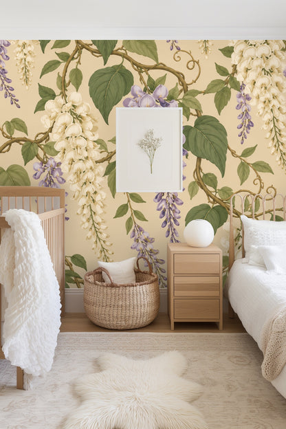Bedroom wall with Wisteria Ribbonfall wallpaper behind a mustard yellow velvet headboard.