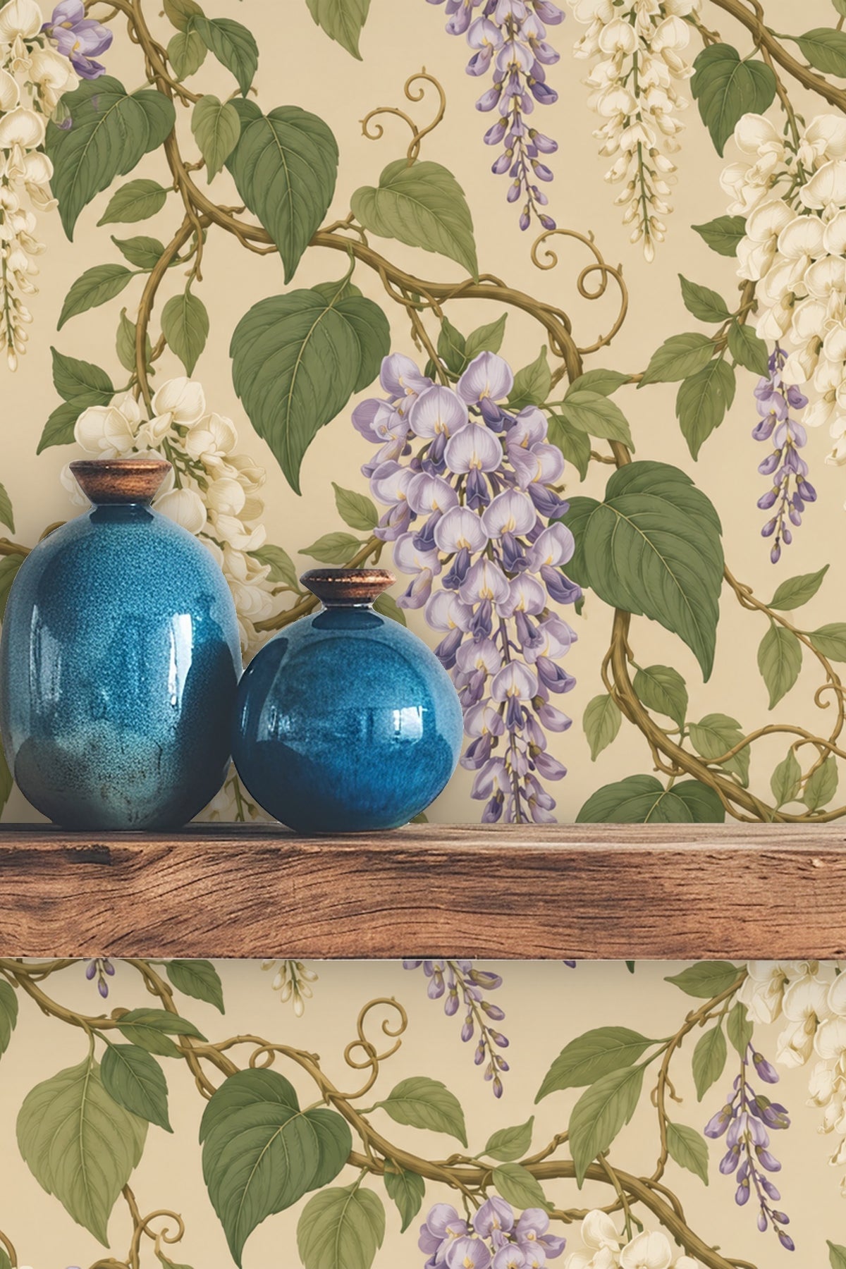 Delicate curling vines and detailed leaves pattern in soft lilac and cream hues.