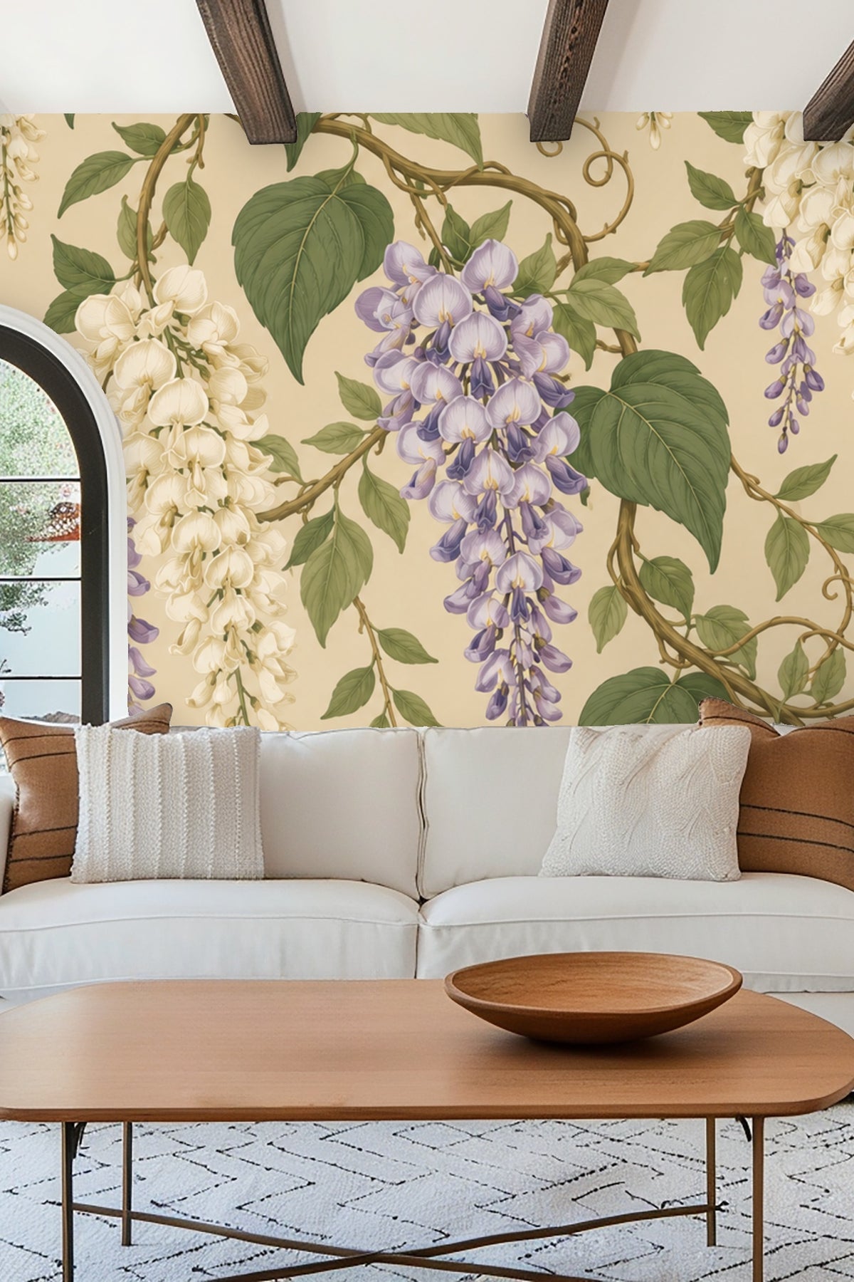 Soft beige background wallpaper with graceful botanical wisteria swags.