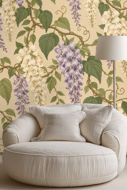 Artful wallpaper design showing intertwined branches and hanging flowers.