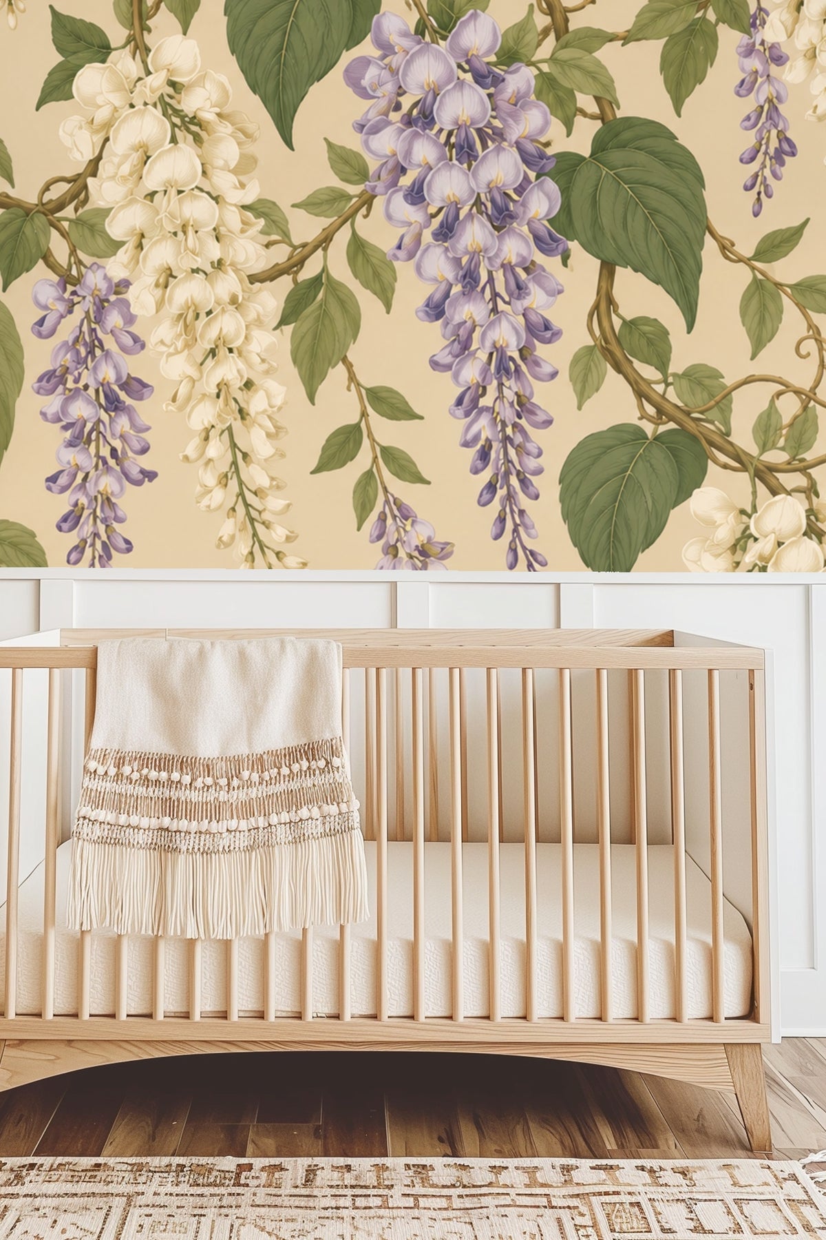 Elegant floral wallpaper framing a cozy seating area with neutral tones.