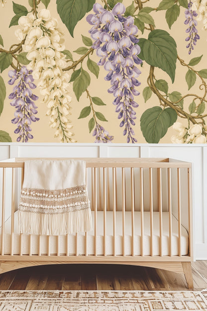 Elegant floral wallpaper framing a cozy seating area with neutral tones.