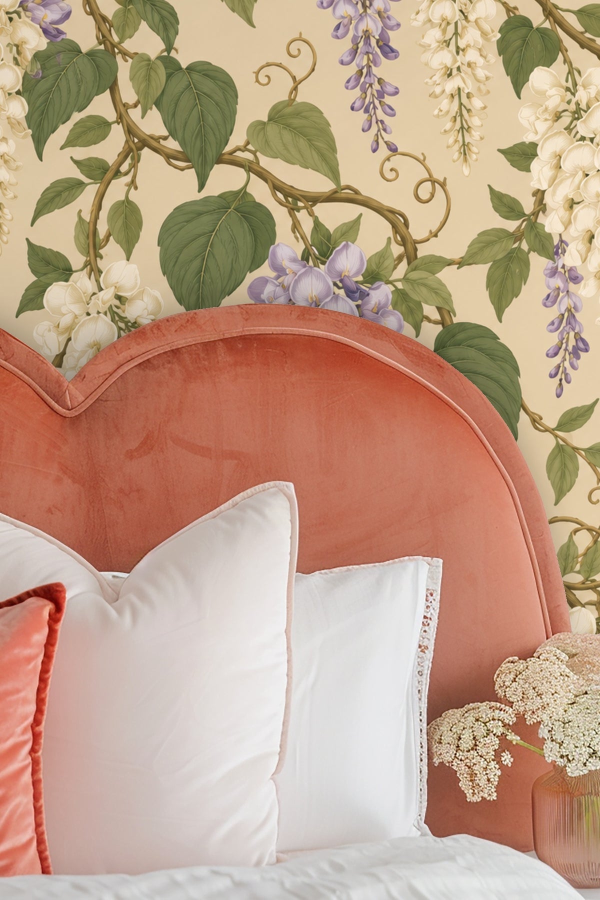 Purple and ivory wisteria flowers cascading from twisting vines.