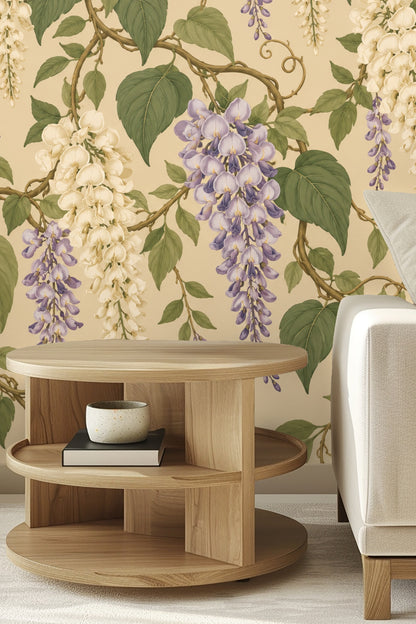 Detailed botanical illustration of purple and cream wisteria clusters on beige background.