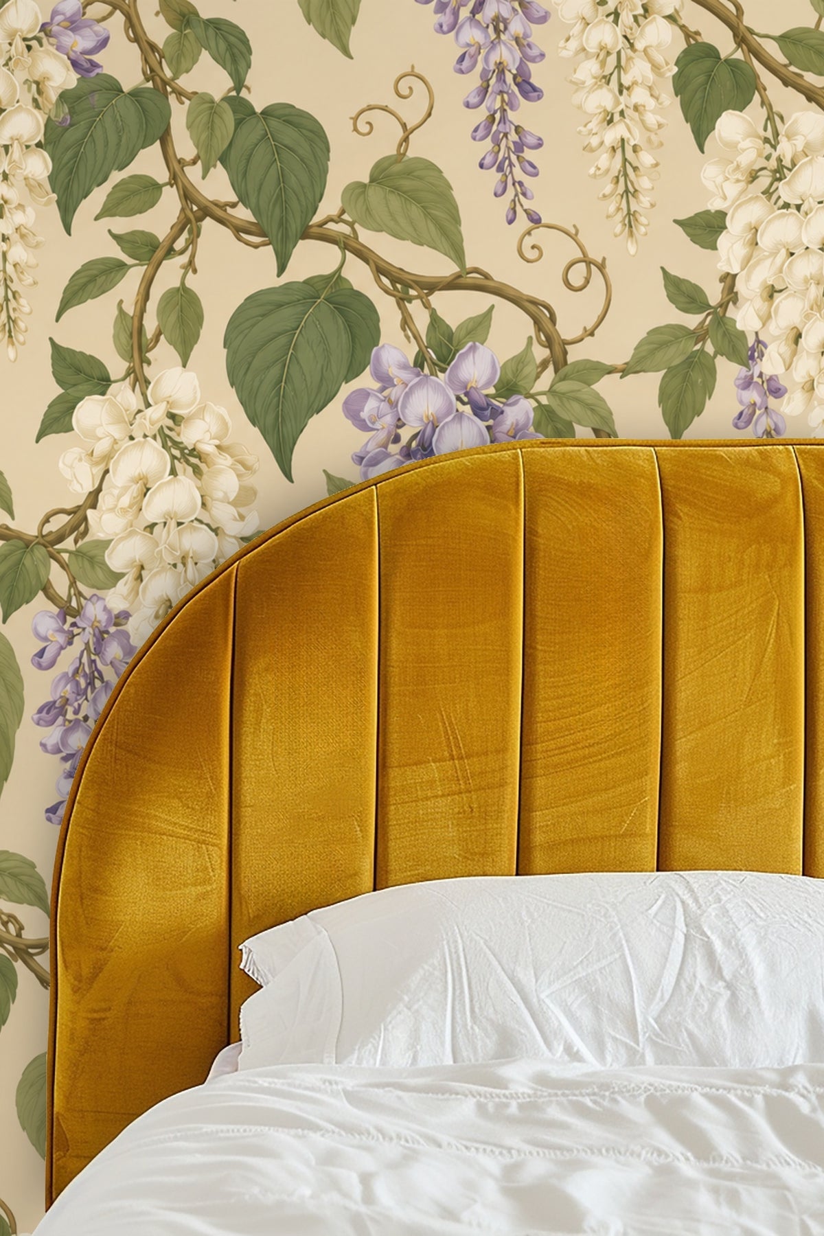 Living room corner showcasing Wisteria Ribbonfall wallpaper behind a round wooden side table.
