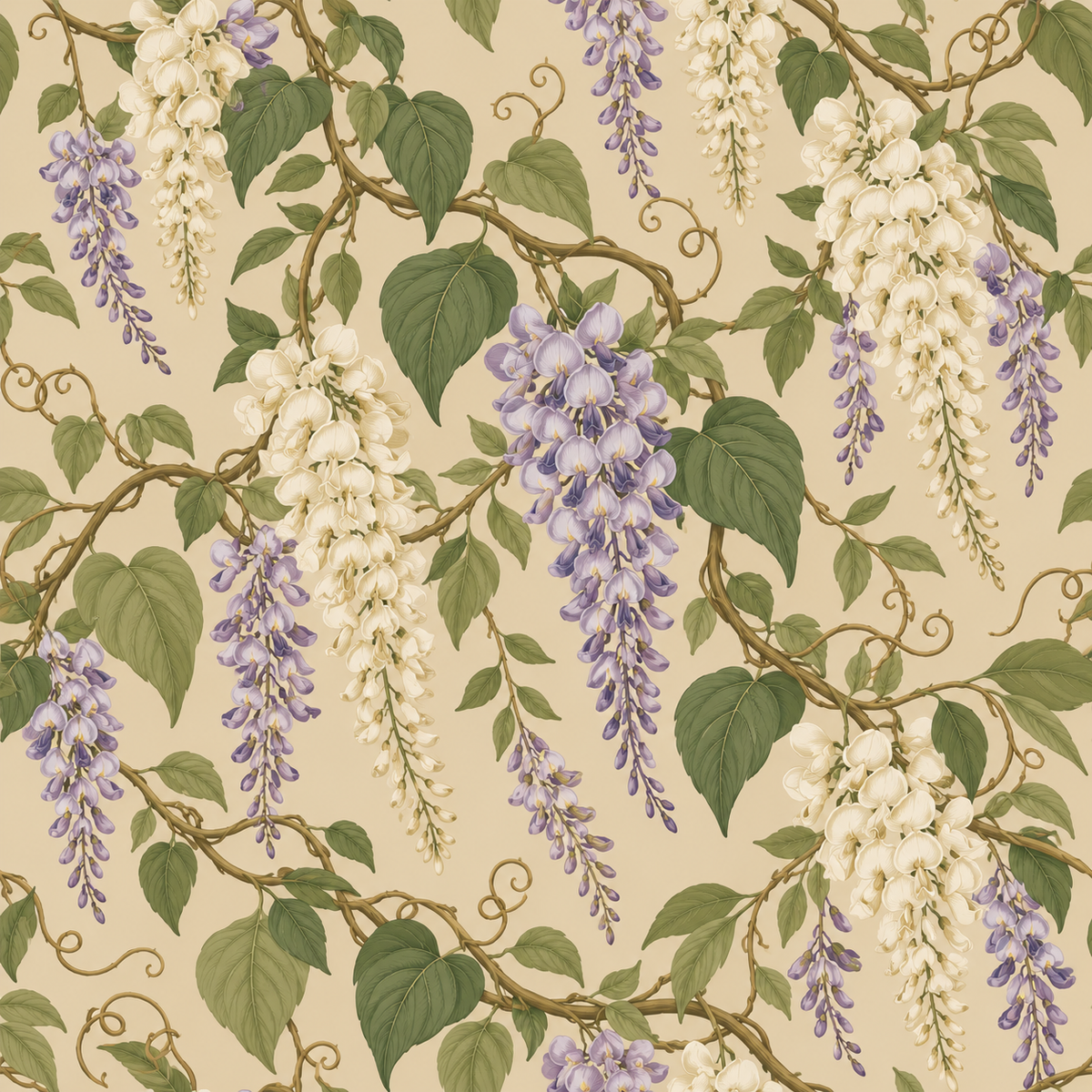 Wisteria floral wallpaper creating a calm and sophisticated room ambiance.