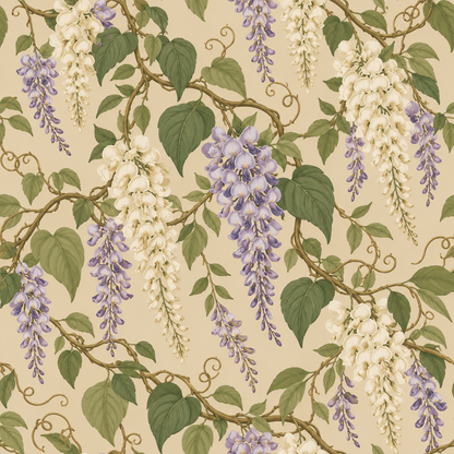 Wisteria floral wallpaper creating a calm and sophisticated room ambiance.