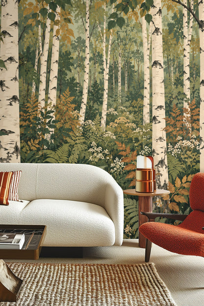 Bedroom decorated with lantern birch grove wallpaper behind bed