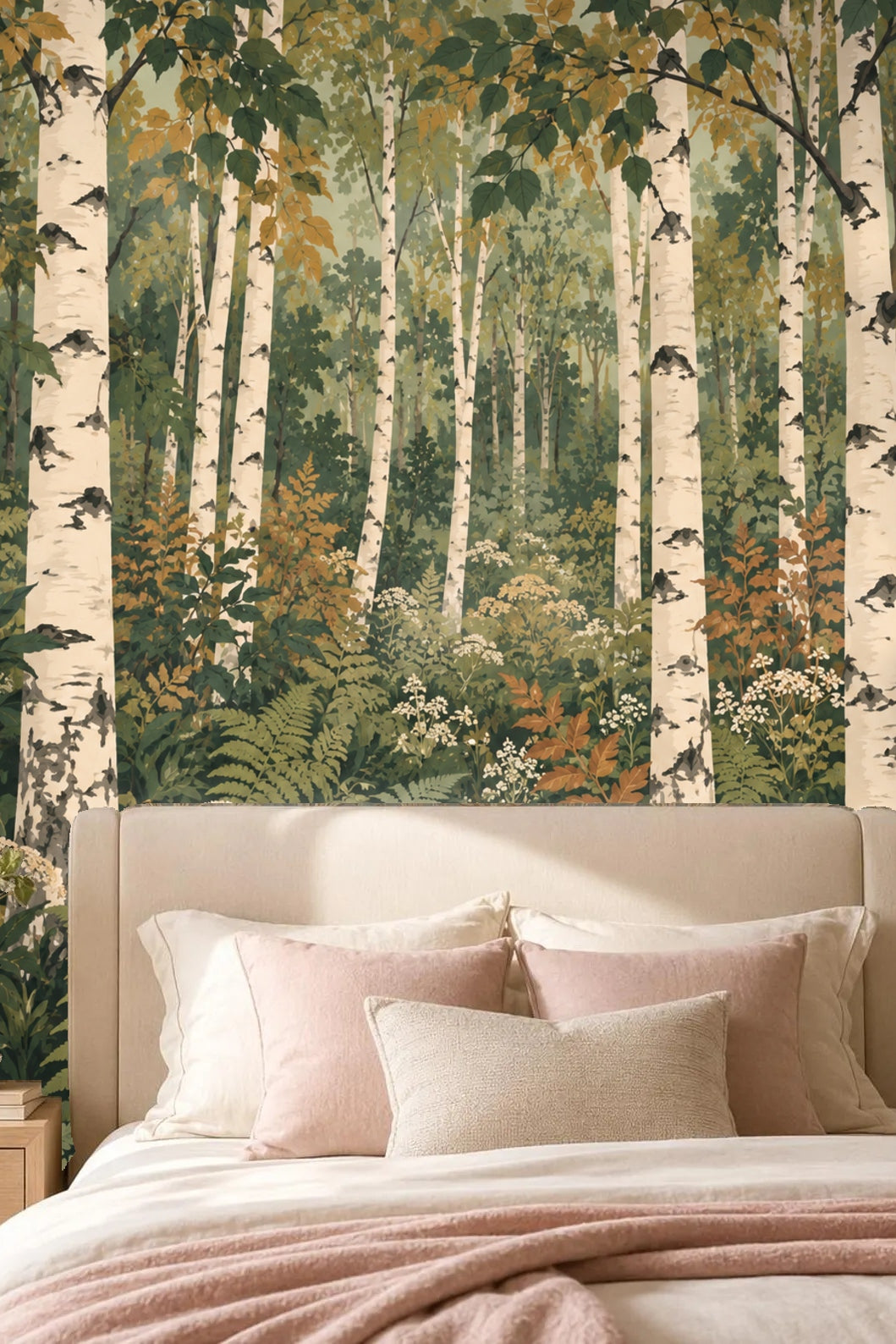 Living room with leather chair beside lantern birch grove wallpaper