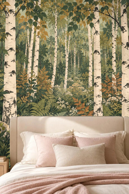 Living room with leather chair beside lantern birch grove wallpaper
