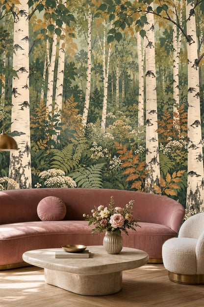 Pattern repeat showing birch tree clusters