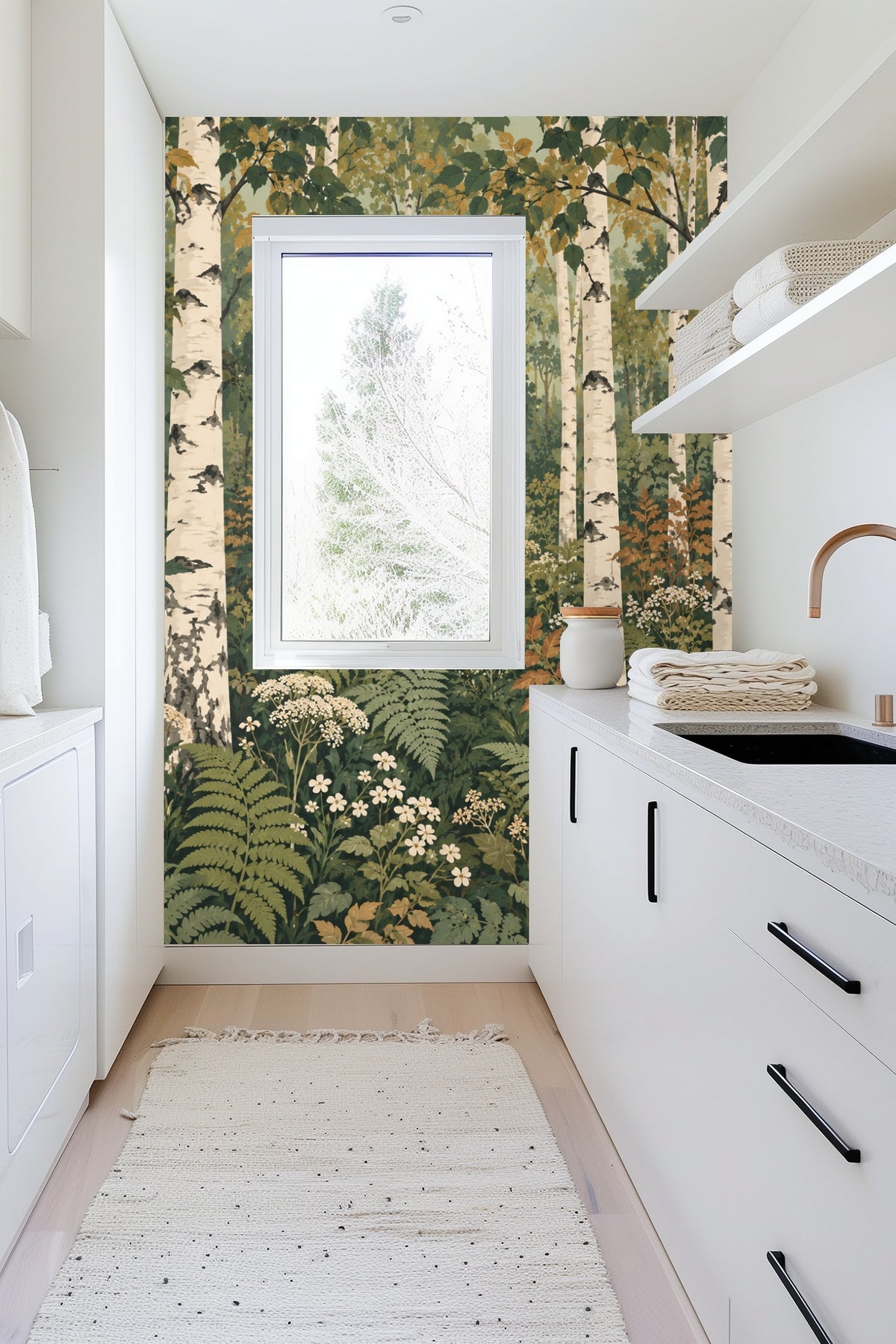 Section showing fern and white flower motifs in wallpaper