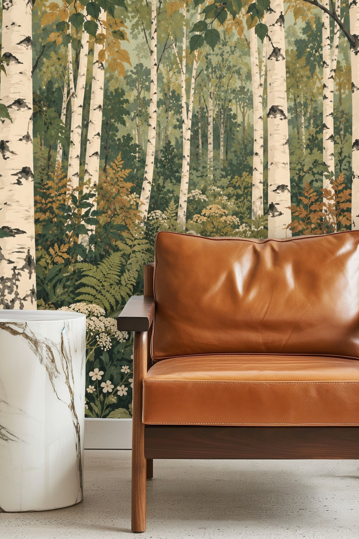 Artwork of lantern-lit birch trees with surrounding ferns and wildflowers