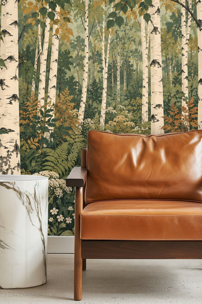 Artwork of lantern-lit birch trees with surrounding ferns and wildflowers