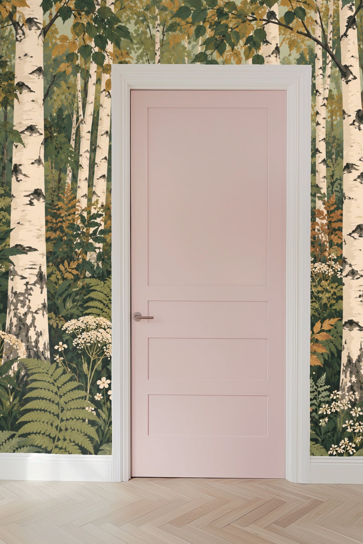 Close-up of floral elements in lantern birch wallpaper