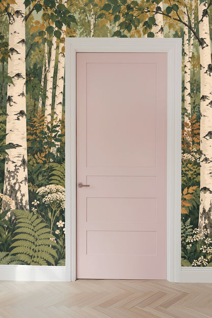 Close-up of floral elements in lantern birch wallpaper