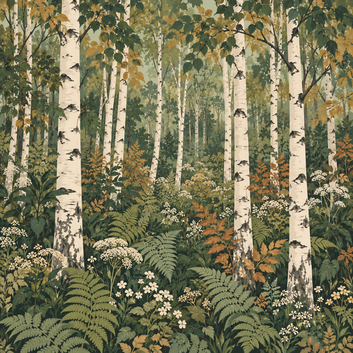 Textured leaves and bark in forest wallpaper scene