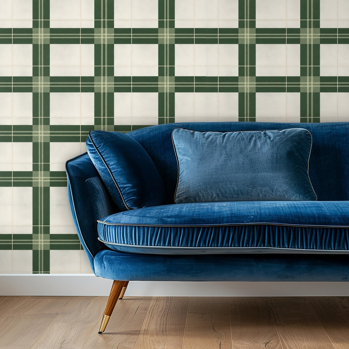 Flat artwork swatch of Forest Loom Plaid showing layered forest-green crossbands, thin cream pinstripes and a dark charcoal ground.