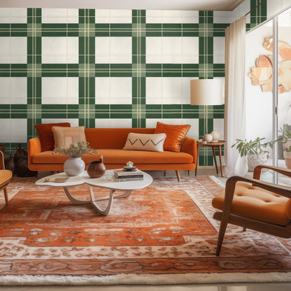 Green velvet headboard against the Forest Loom Plaid Wallpaper, showing the design anchoring a bedroom headwall.