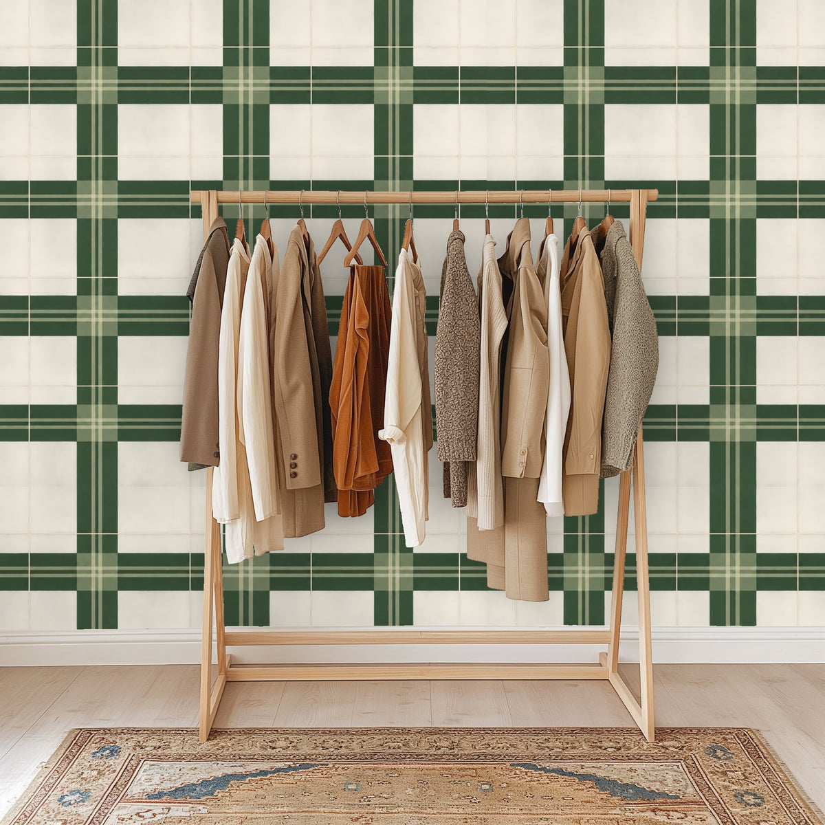 Console styling with lamp and framed artwork over the plaid, illustrating small-space application and tailored geometry.