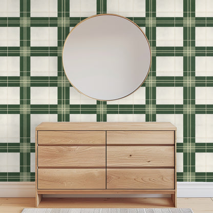 Bathroom detail with towel ring and marble edge beside the plaid, showing how the pattern works in compact, polished spaces.