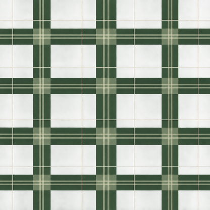 Wide mural view of Forest Loom Plaid covering a full wall, showing the large-scale repeat and how it reads from a distance.