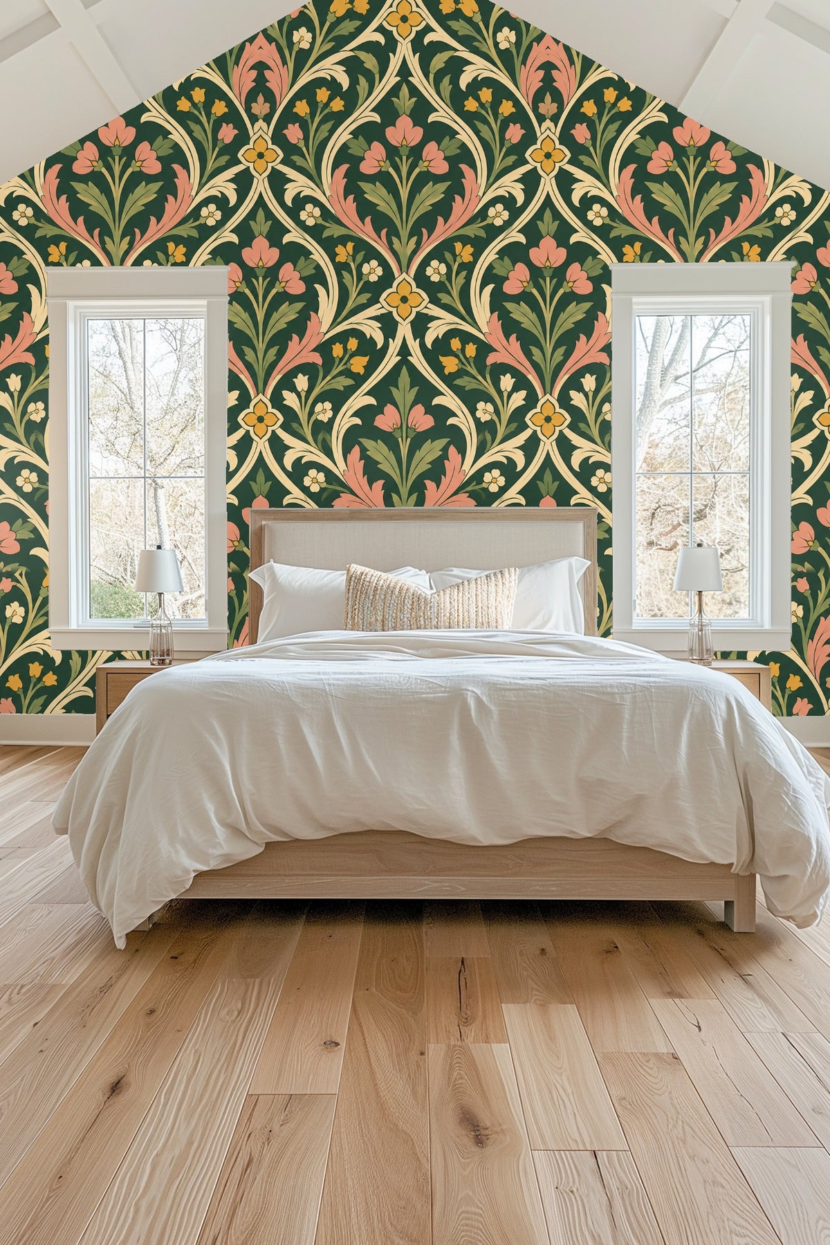 Artistic rendering of floral wallpaper with balanced motifs