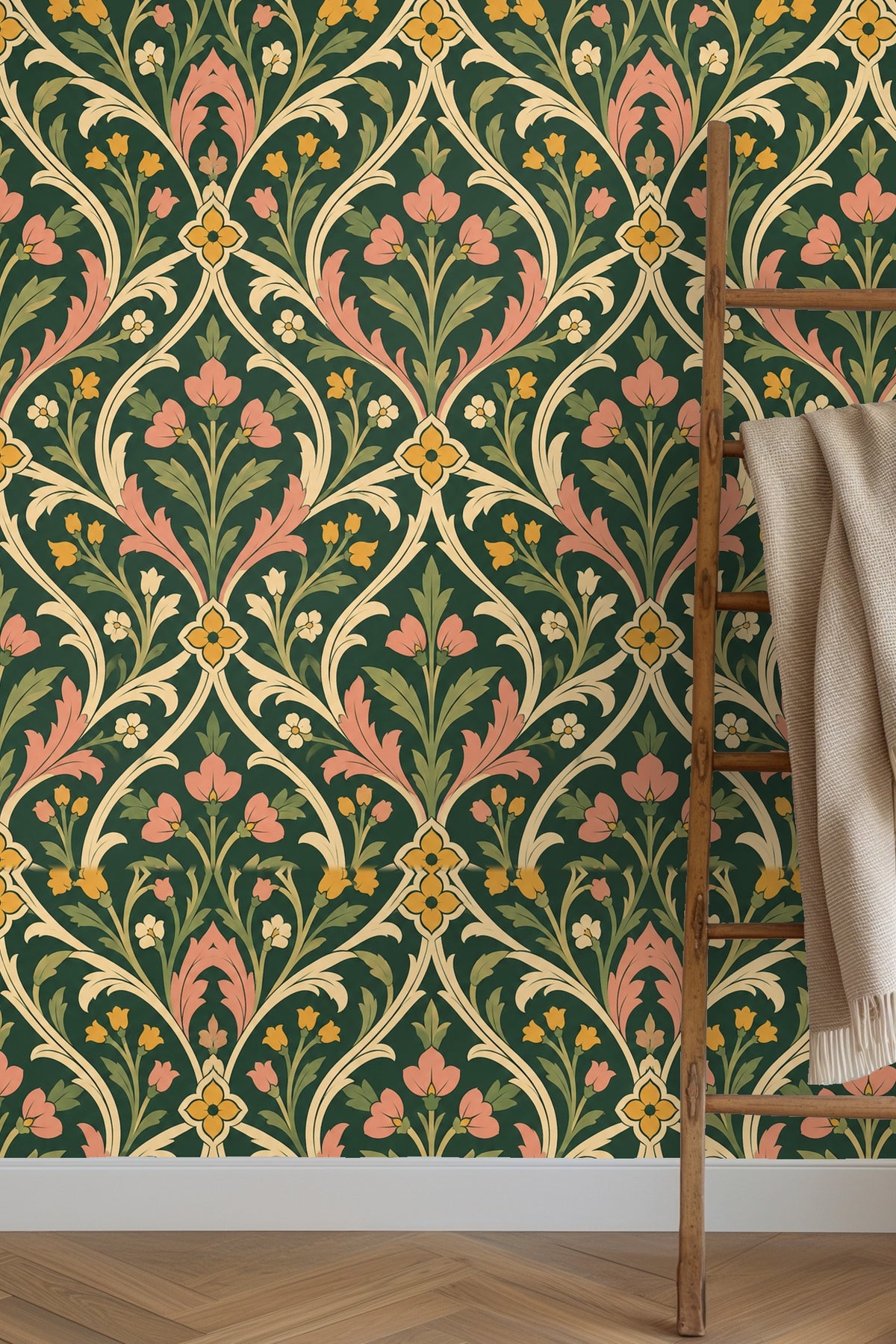 Close-up of peach and gold flowers framed by cream arches on green background