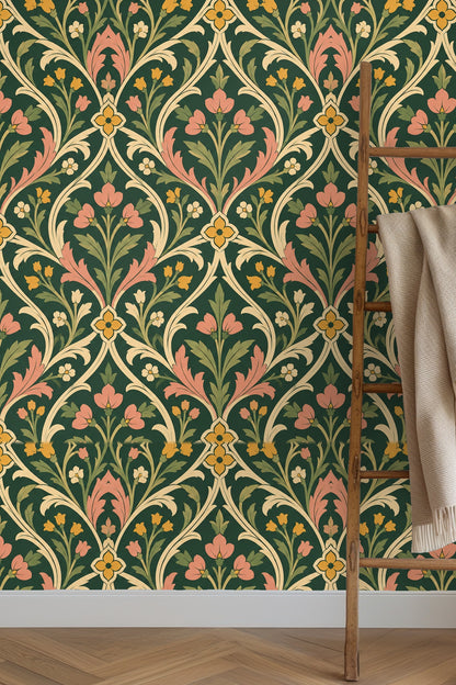Close-up of peach and gold flowers framed by cream arches on green background