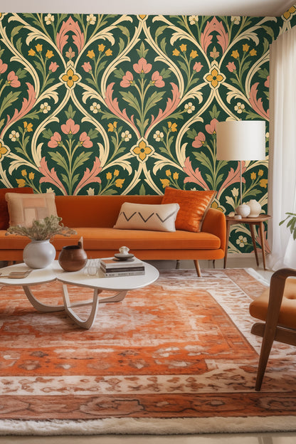 Cathedral Leafwork original wallpaper artwork with green background and peach floral arches